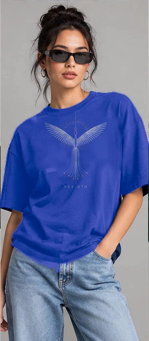 Model wearing the Oztra Rebirth tee in royal blue