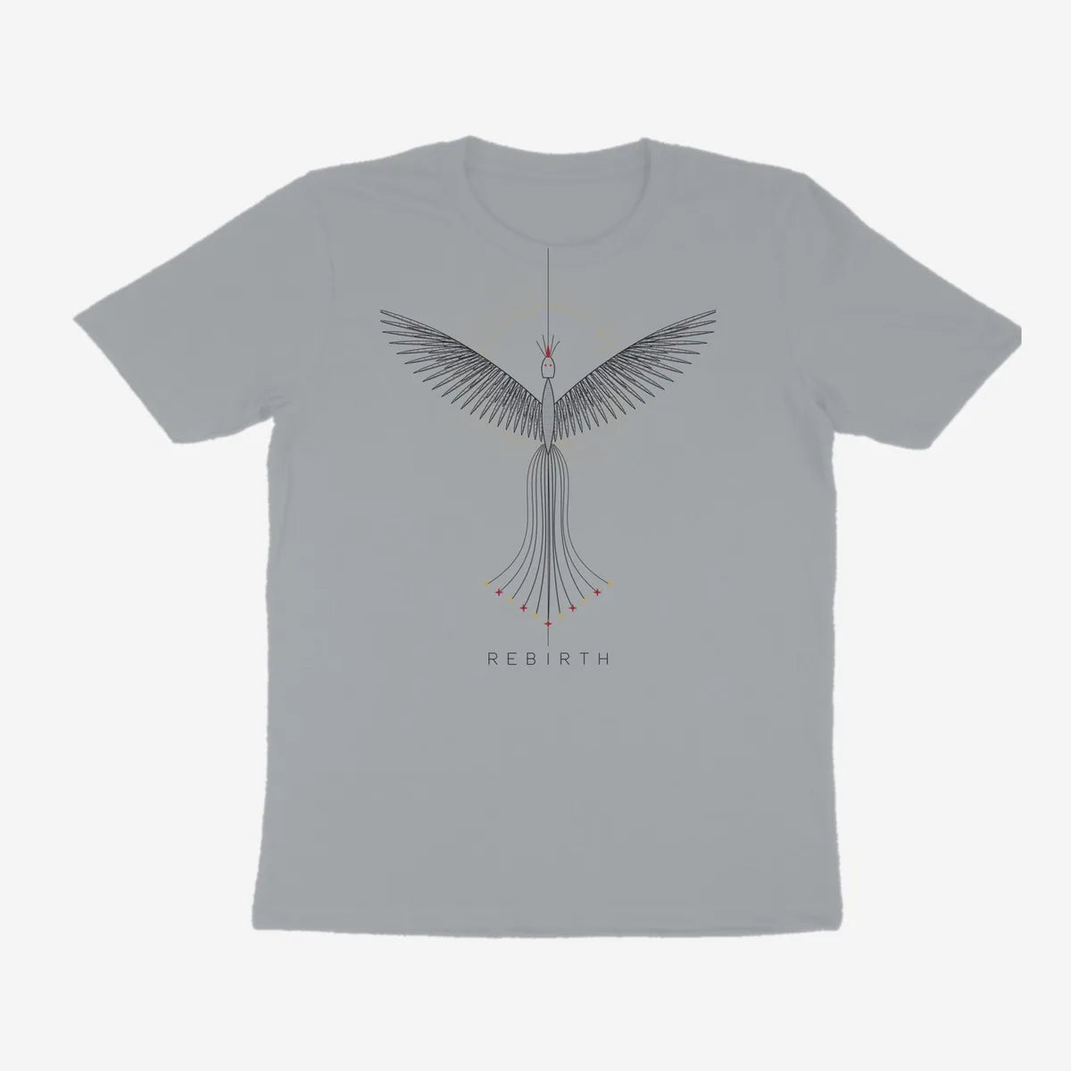 Oztra Rebirth silver grey tee, front view showing the Rebirth print