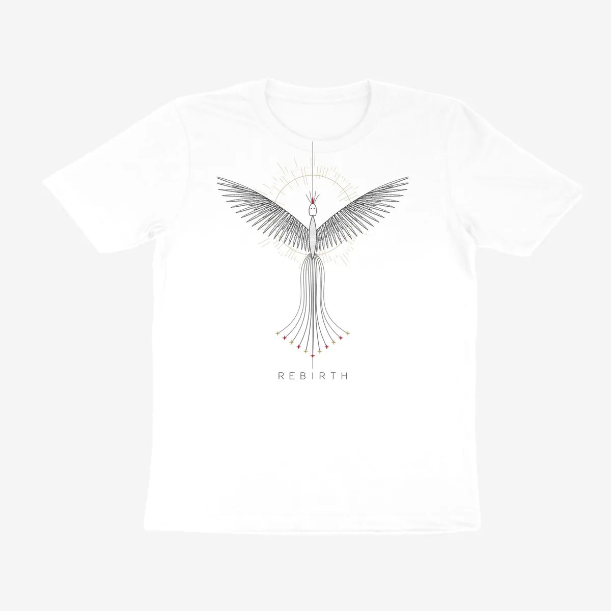 Oztra Rebirth white tee, front view showing the Rebirth print