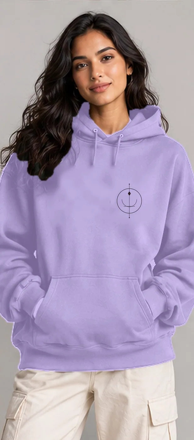 Model wearing the Oztra Sigil hoodie in lavender