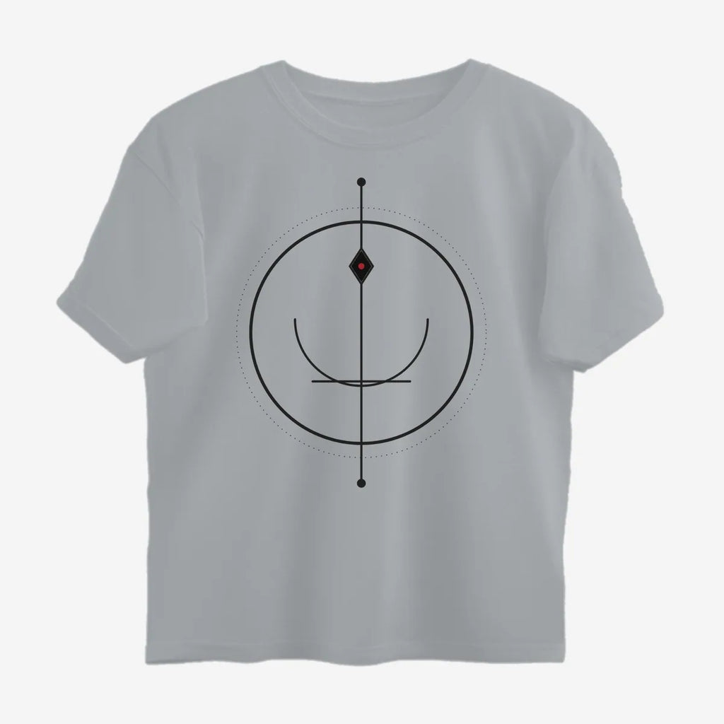 Oztra Sigil grey melange oversized tee, front view showing the Sigil print