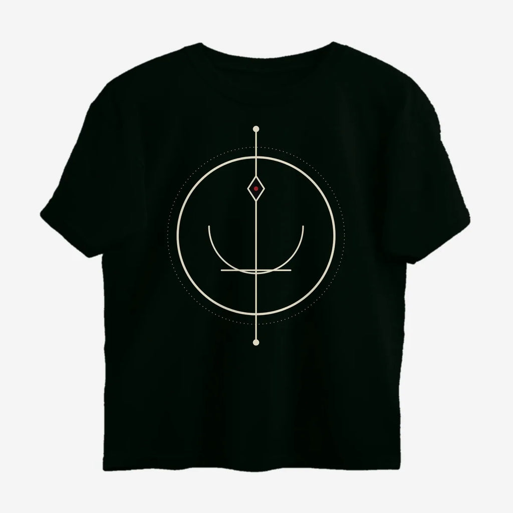 Oztra Sigil jet black oversized tee, front view showing the Sigil print