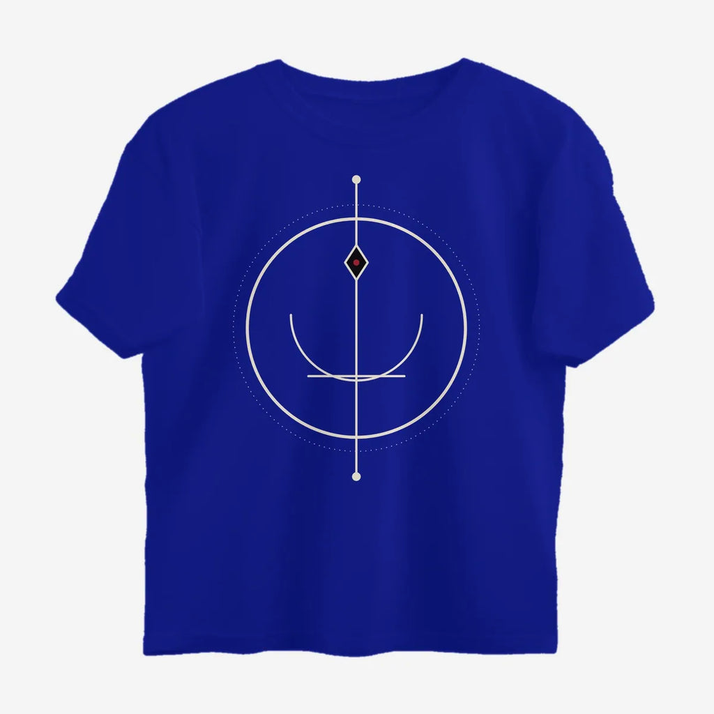 Oztra Sigil royal blue oversized tee, front view showing the Sigil print