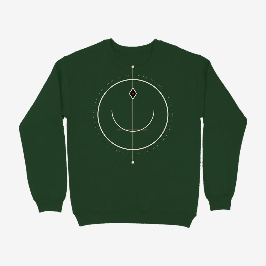 Oztra Sigil bottle green sweatshirt, front view showing the Sigil print