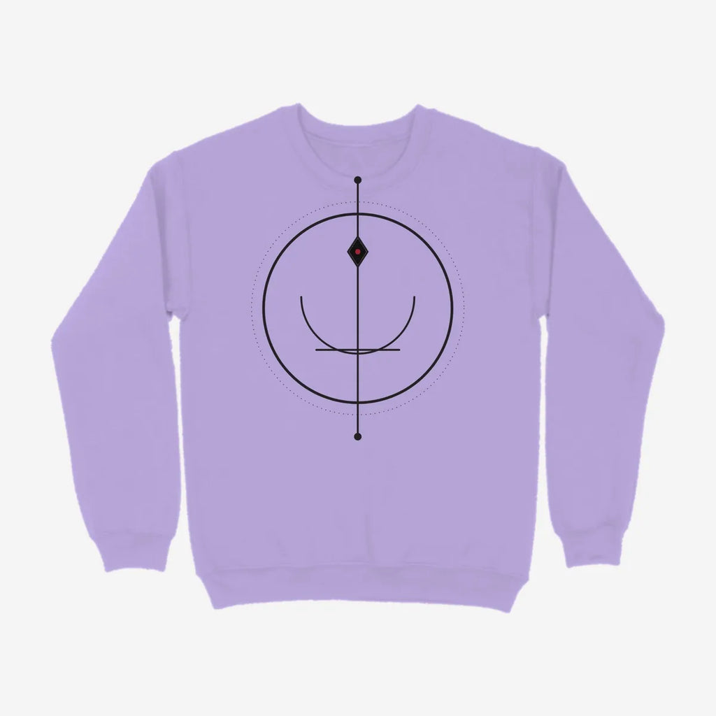Oztra Sigil lavender sweatshirt, front view showing the Sigil print