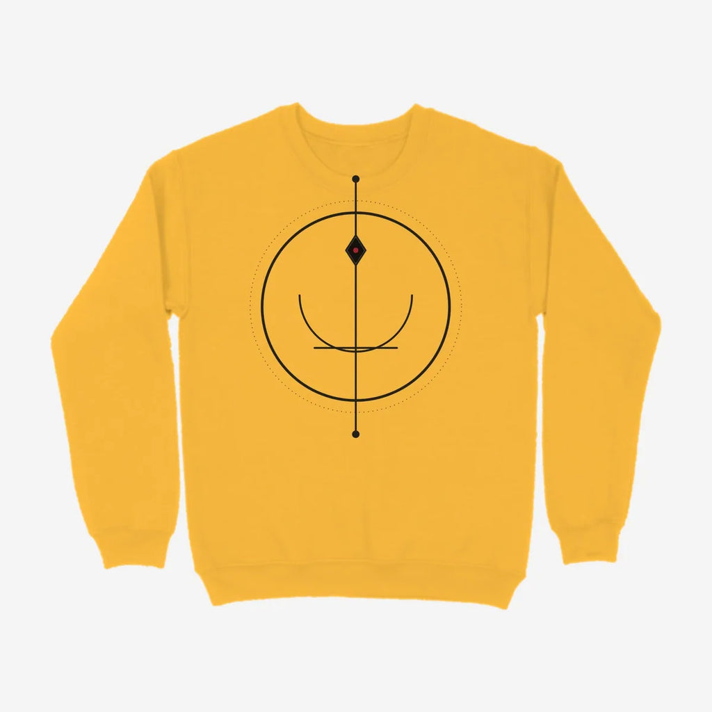 Oztra Sigil mustard sweatshirt, front view showing the Sigil print