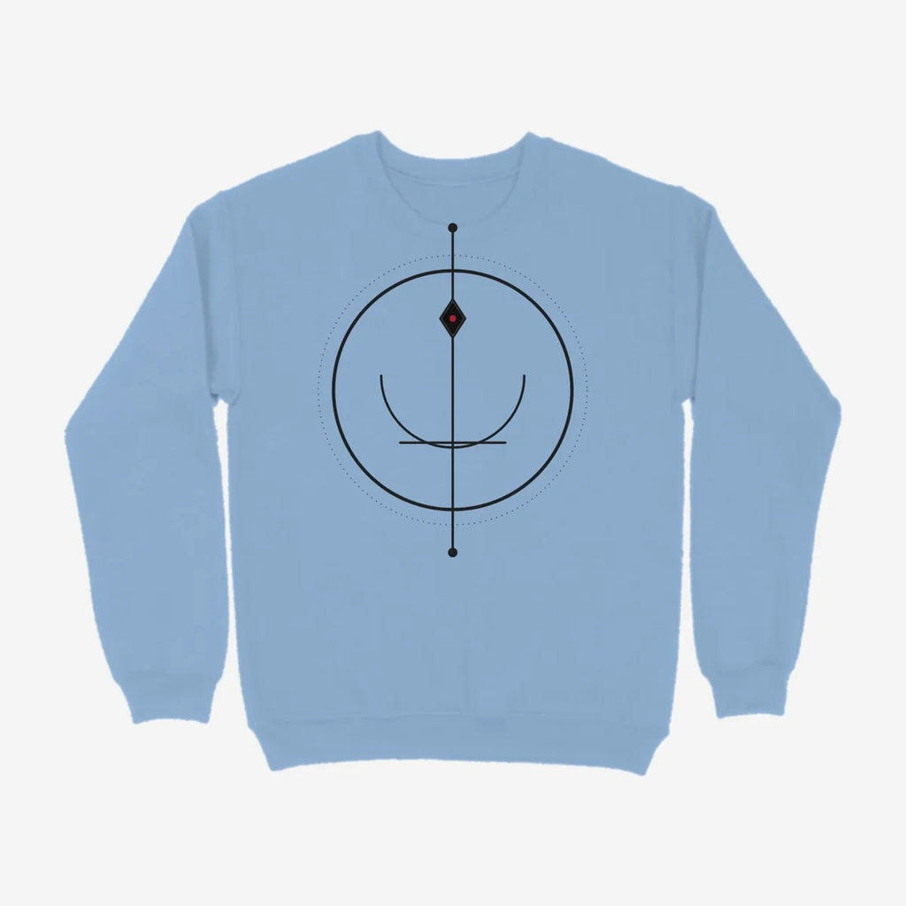 Oztra Sigil sky blue sweatshirt, front view showing the Sigil print