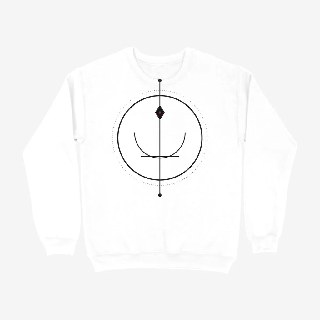 Oztra Sigil white sweatshirt, front view showing the Sigil print