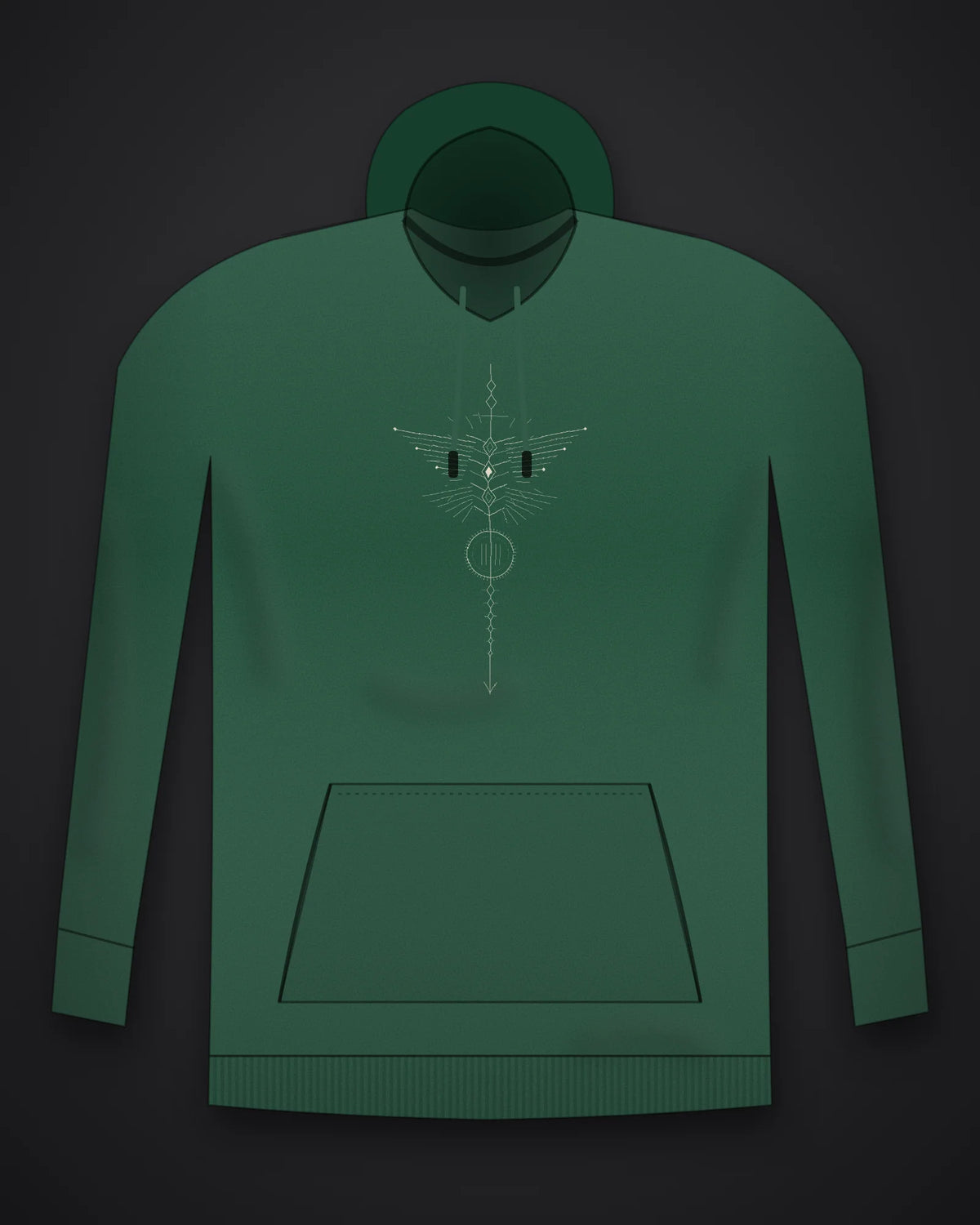 Oztra Totem bottle green hoodie, front view showing the Totem print