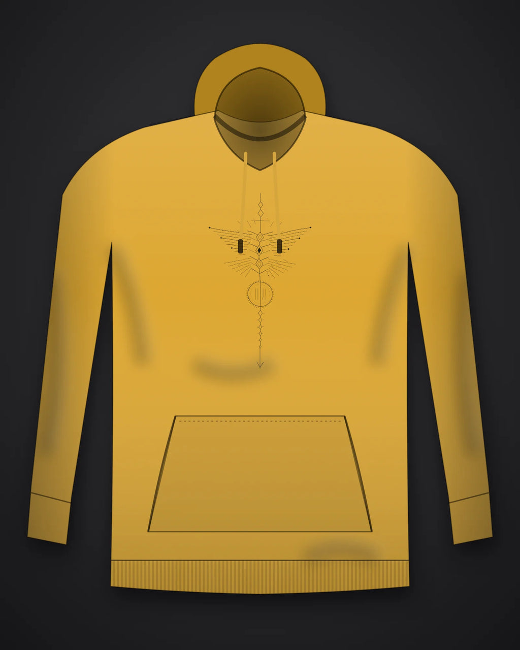 Oztra Totem mustard hoodie, front view showing the Totem print
