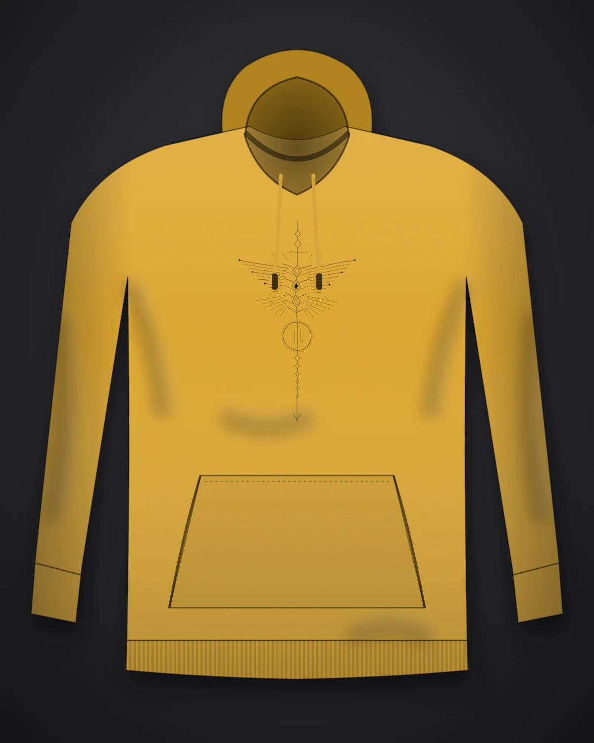 Oztra Totem mustard hoodie, front view showing the Totem print