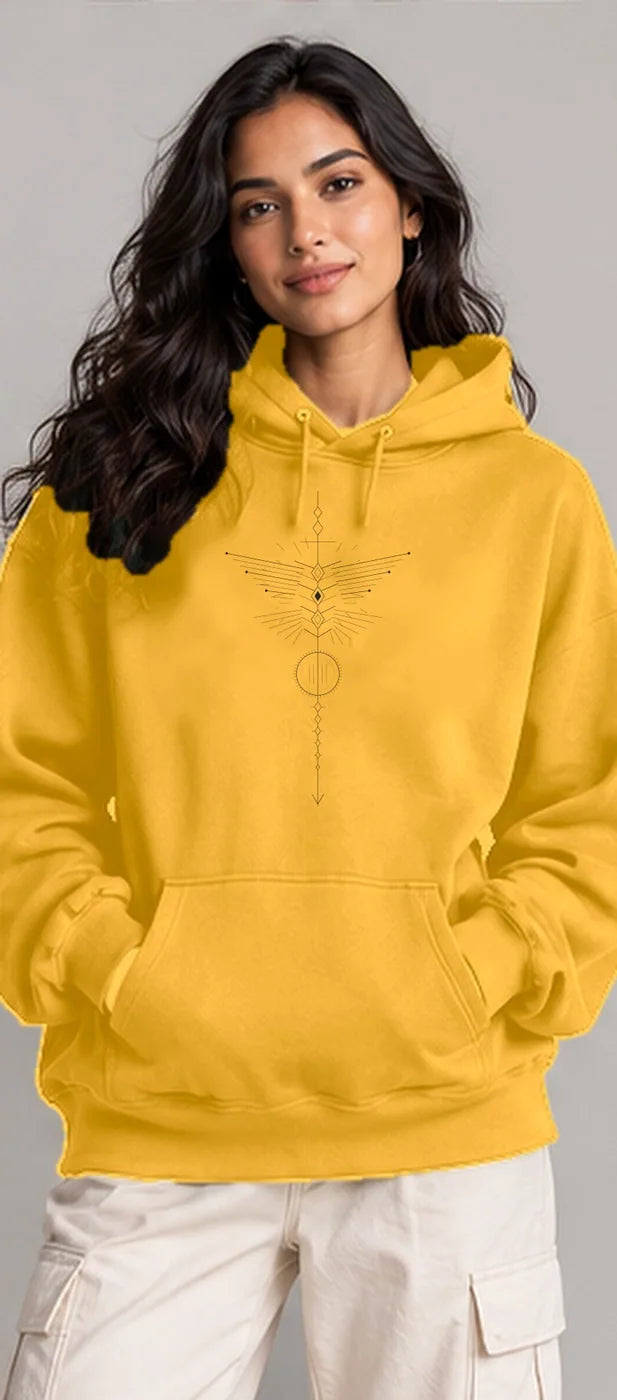 Model wearing the Oztra Totem hoodie in mustard