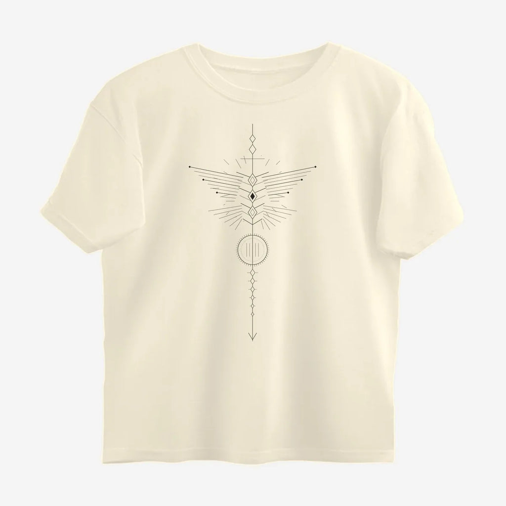 Oztra Totem beige oversized tee, front view showing the Totem print
