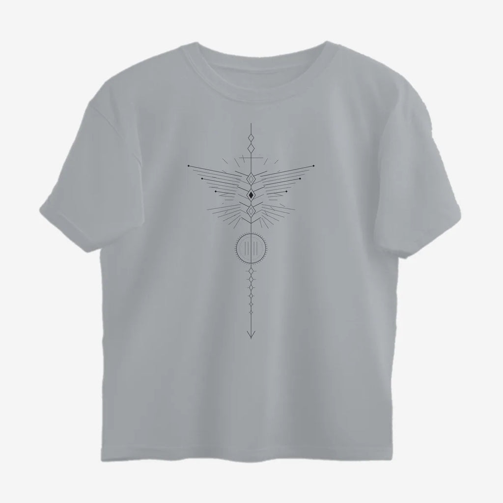 Oztra Totem grey melange oversized tee, front view showing the Totem print