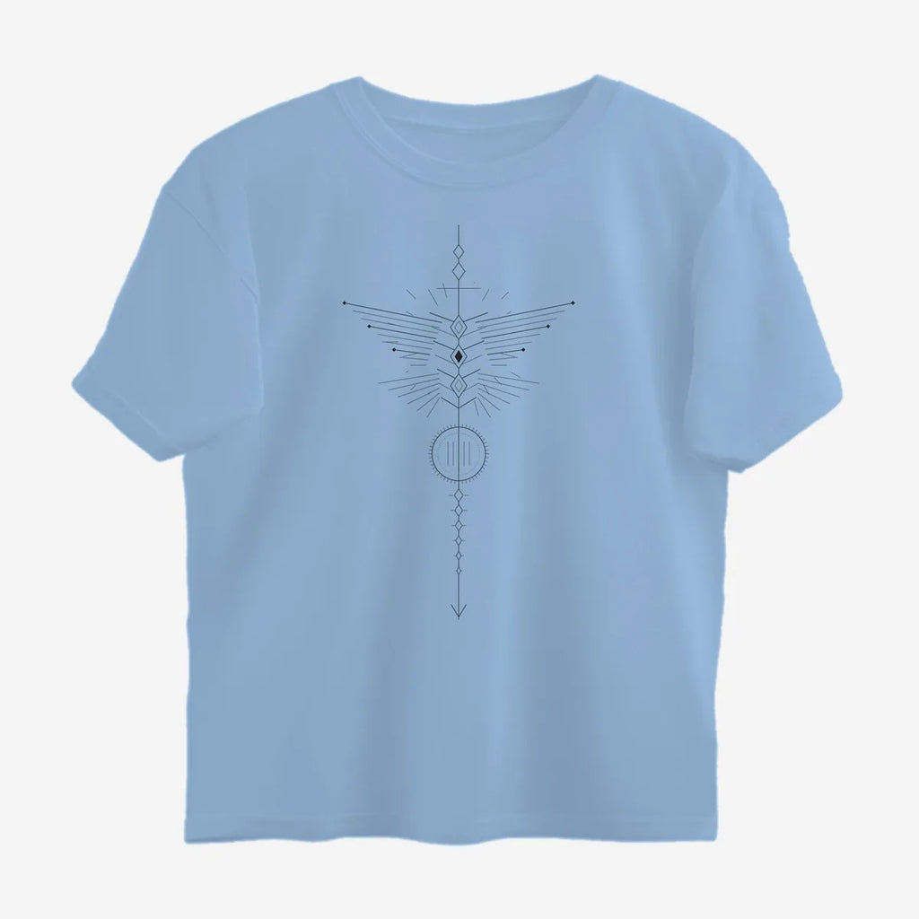 Oztra Totem sky blue oversized tee, front view showing the Totem print