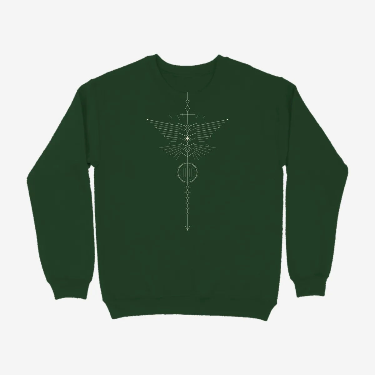 Oztra Totem bottle green sweatshirt, front view showing the Totem print