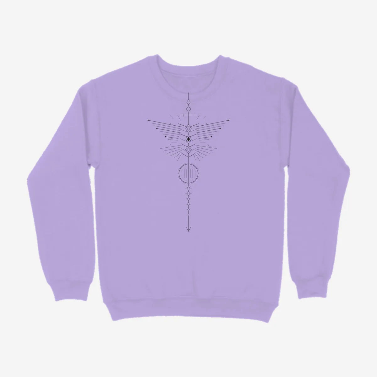 Oztra Totem lavender sweatshirt, front view showing the Totem print