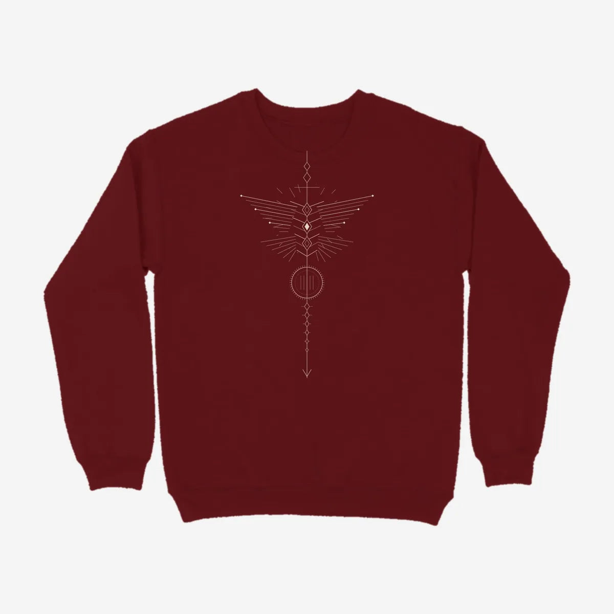 Oztra Totem maroon sweatshirt, front view showing the Totem print