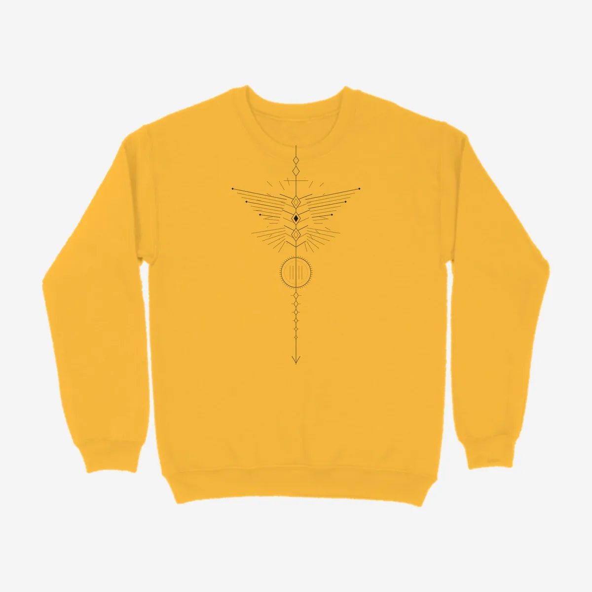 Oztra Totem mustard sweatshirt, front view showing the Totem print