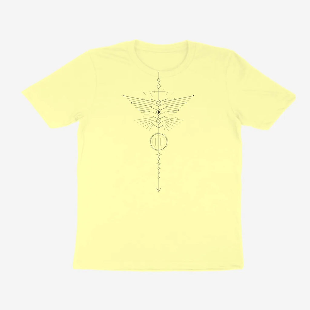 Oztra Totem butter yellow tee, front view showing the Totem print