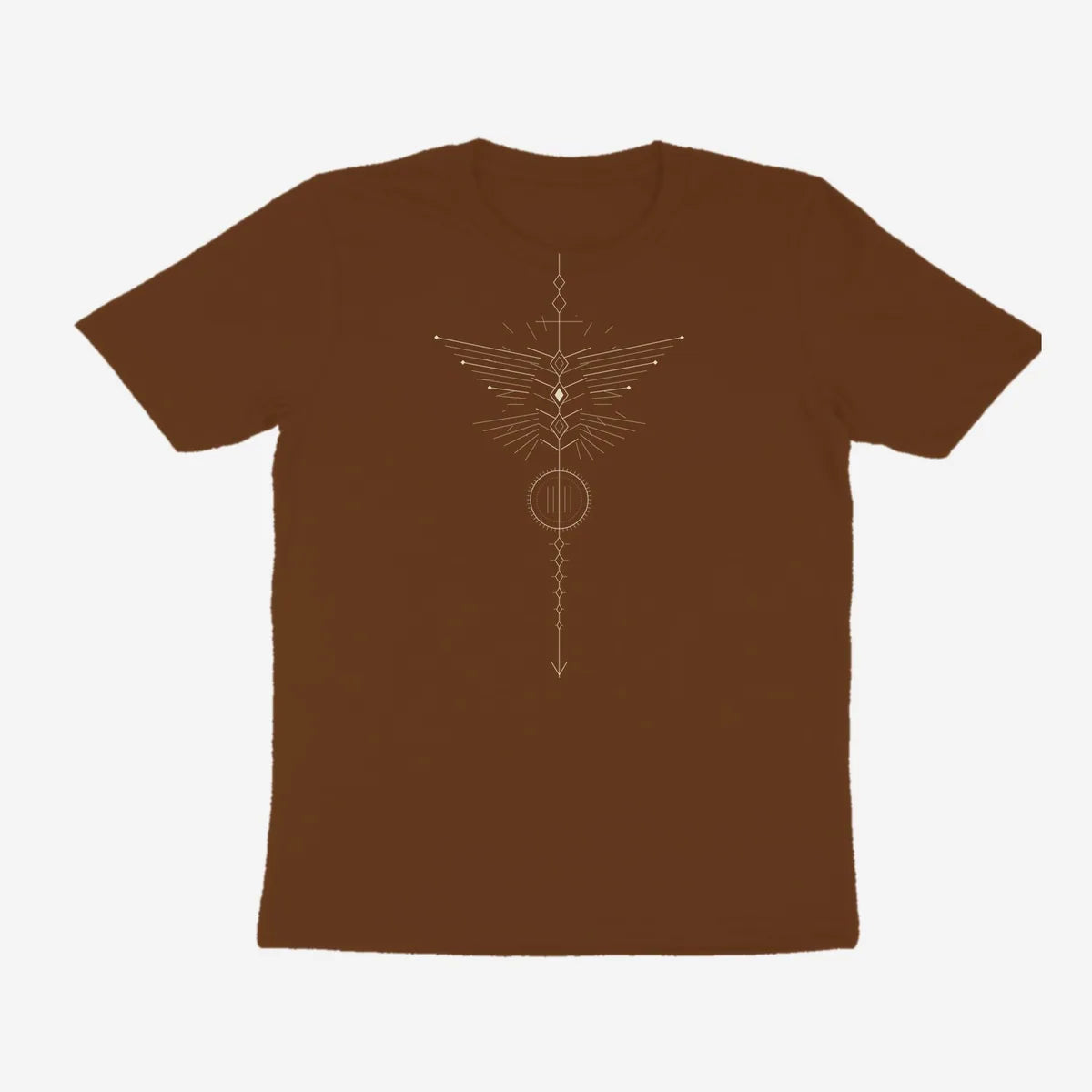 Oztra Totem coffee brown tee, front view showing the Totem print