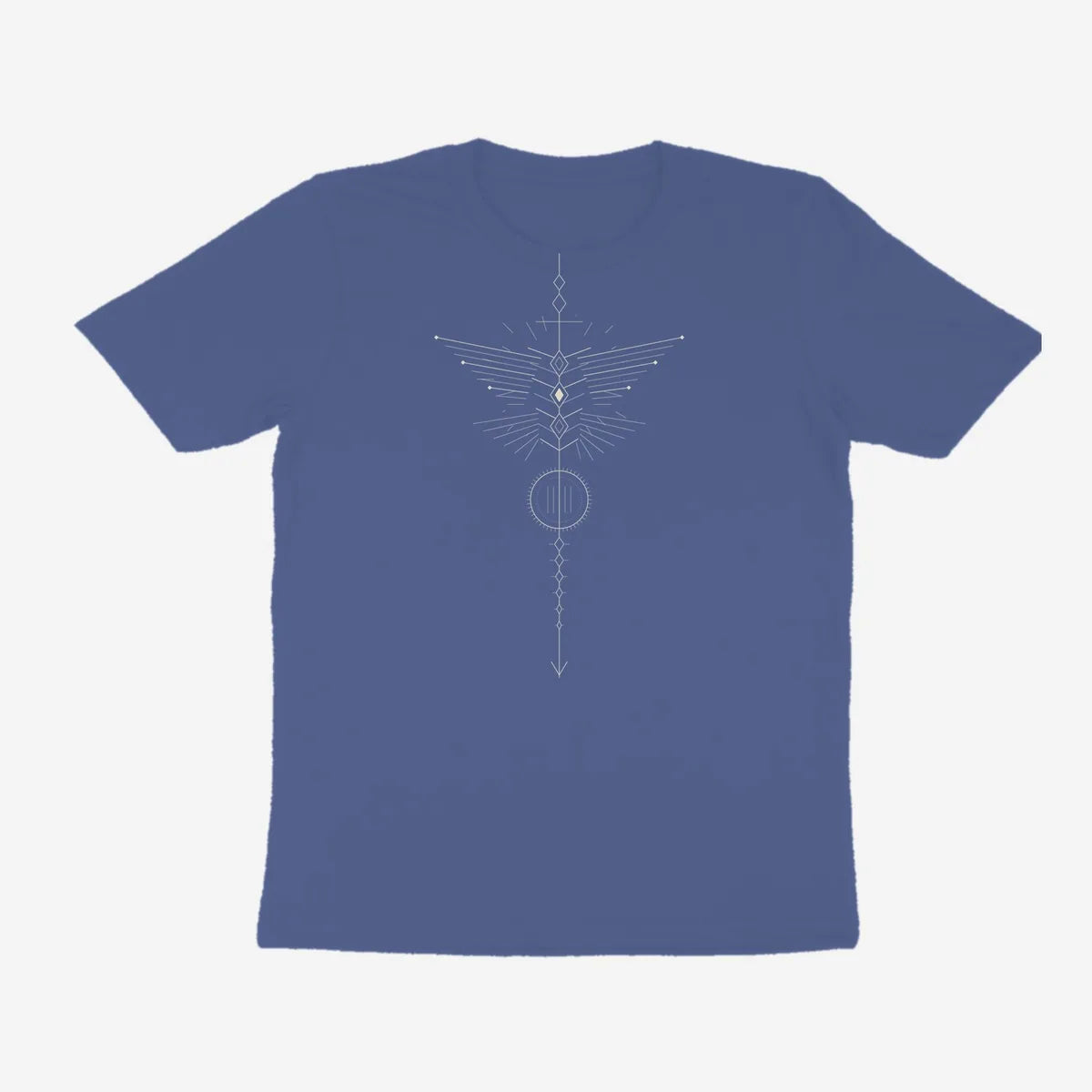 Oztra Totem slate blue tee, front view showing the Totem print