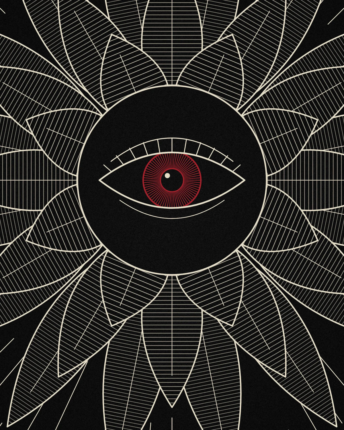 Close-up detail of the Oztra Vigil linework showing engraved bone petals with a crimson iris