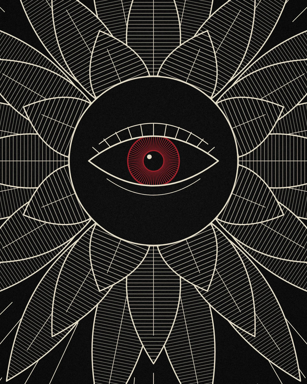 Close-up detail of the Oztra Vigil linework showing engraved bone petals with a crimson iris
