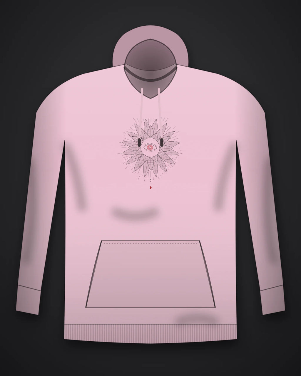 Oztra Vigil baby pink hoodie, front view showing the Vigil print