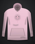 Oztra Vigil baby pink hoodie, front view showing the Vigil print