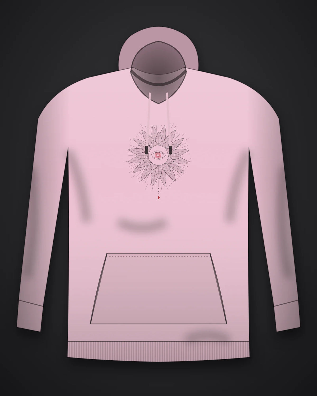 Oztra Vigil baby pink hoodie, front view showing the Vigil print