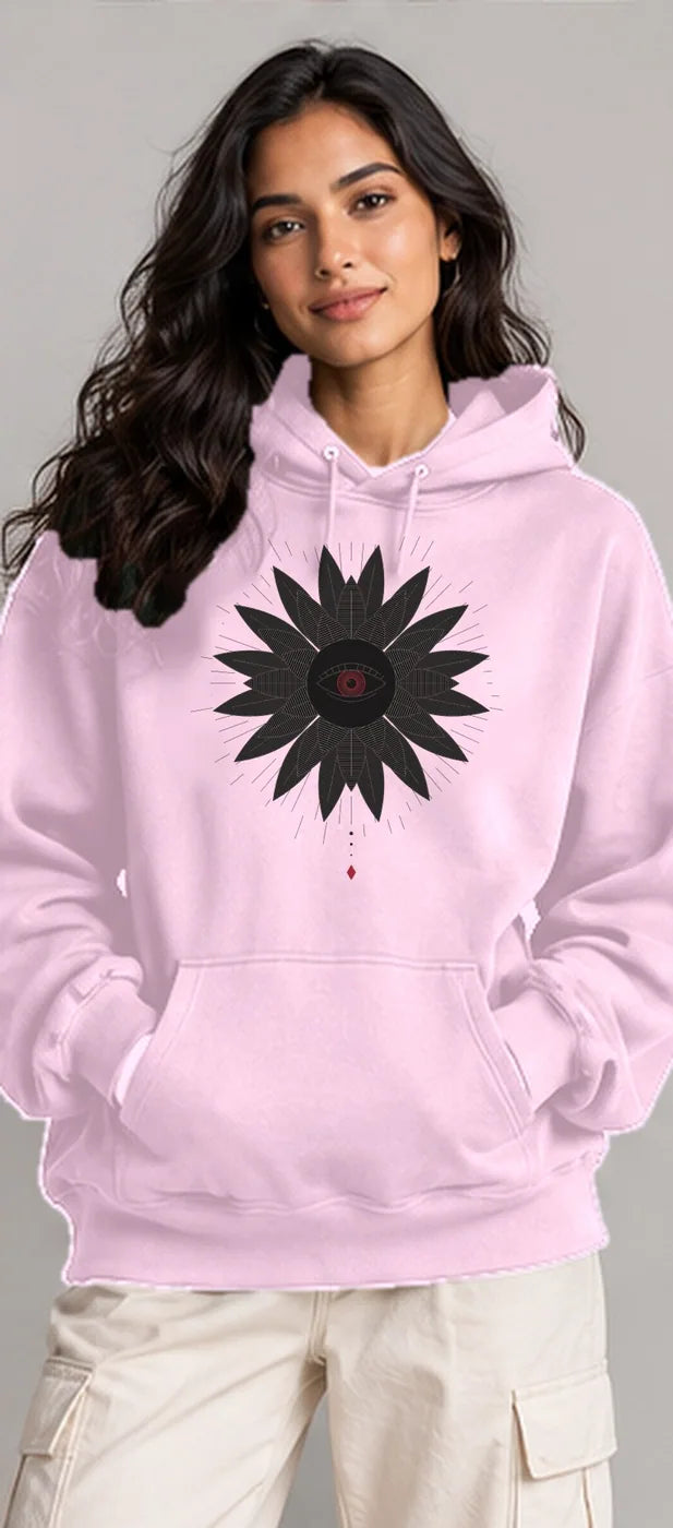 Model wearing the Oztra Vigil hoodie in baby pink