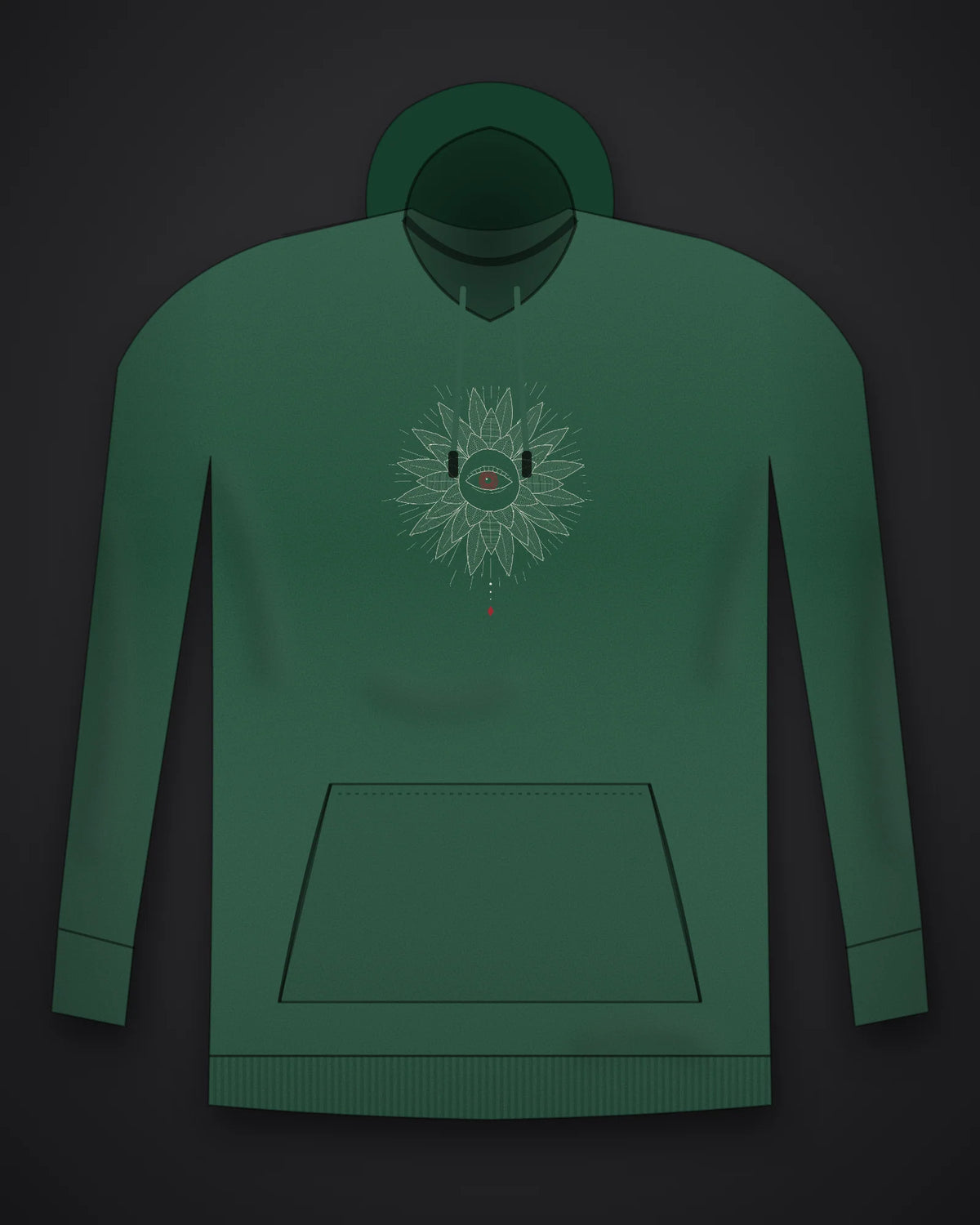 Oztra Vigil bottle green hoodie, front view showing the Vigil print