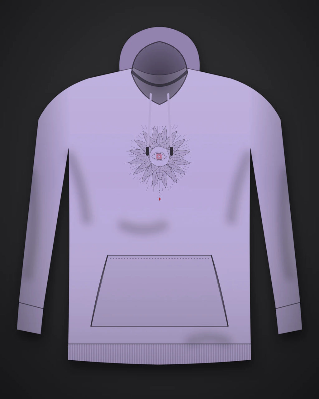 Oztra Vigil lavender hoodie, front view showing the Vigil print