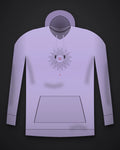 Oztra Vigil lavender hoodie, front view showing the Vigil print