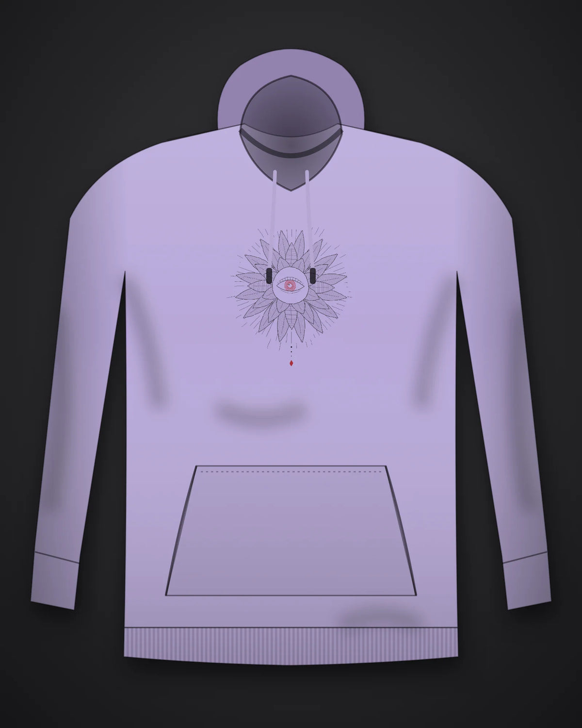 Oztra Vigil lavender hoodie, front view showing the Vigil print