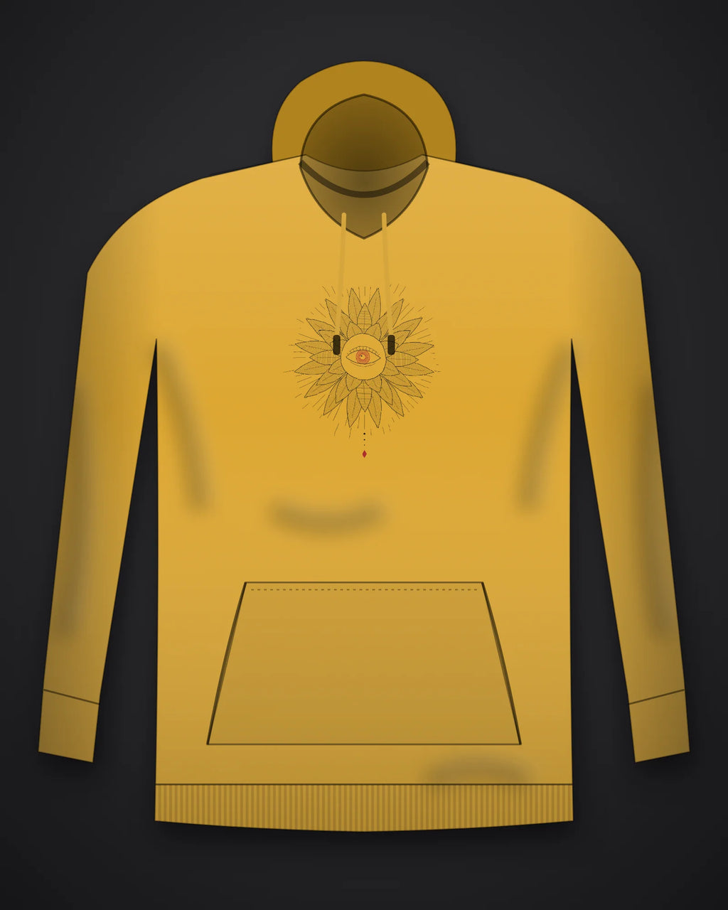 Oztra Vigil mustard hoodie, front view showing the Vigil print