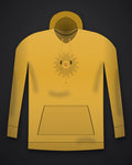 Oztra Vigil mustard hoodie, front view showing the Vigil print
