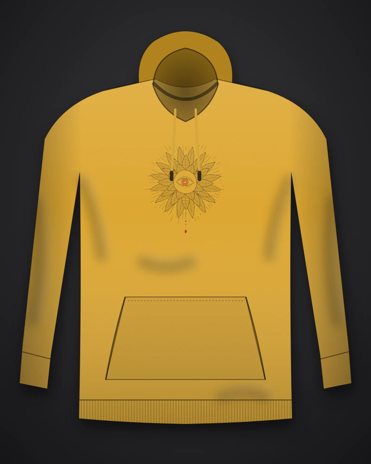 Oztra Vigil mustard hoodie, front view showing the Vigil print