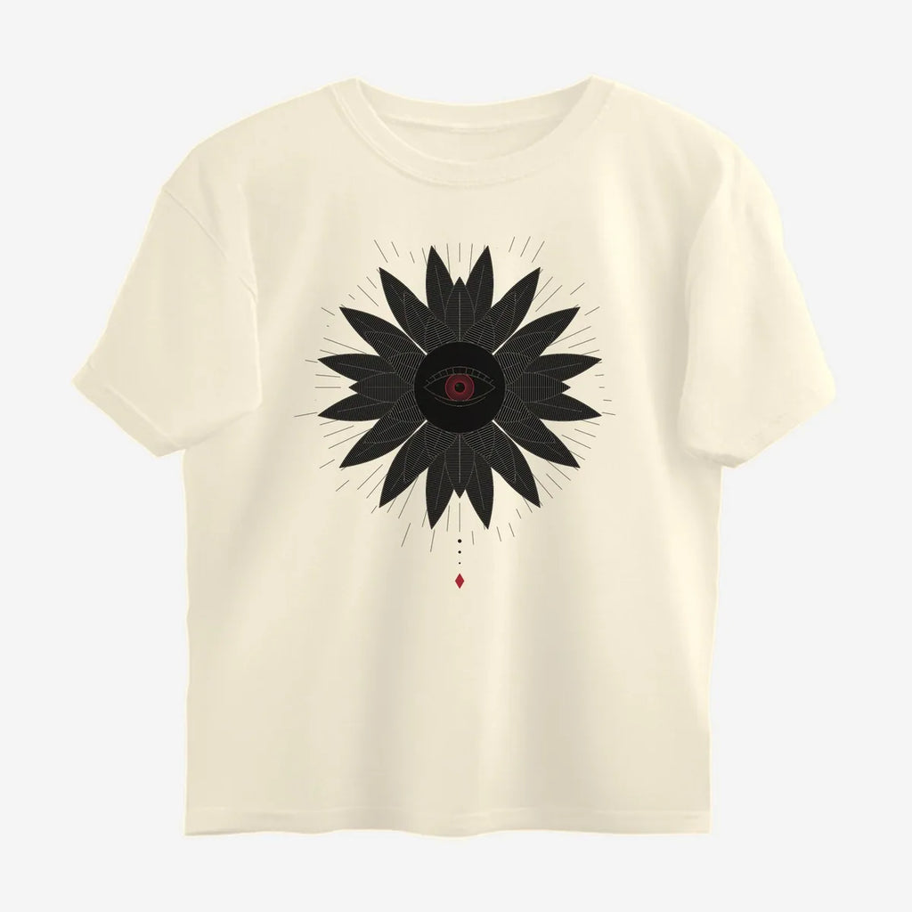 Oztra Vigil beige oversized tee, front view showing the Vigil print