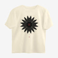 Oztra Vigil beige oversized tee, front view showing the Vigil print