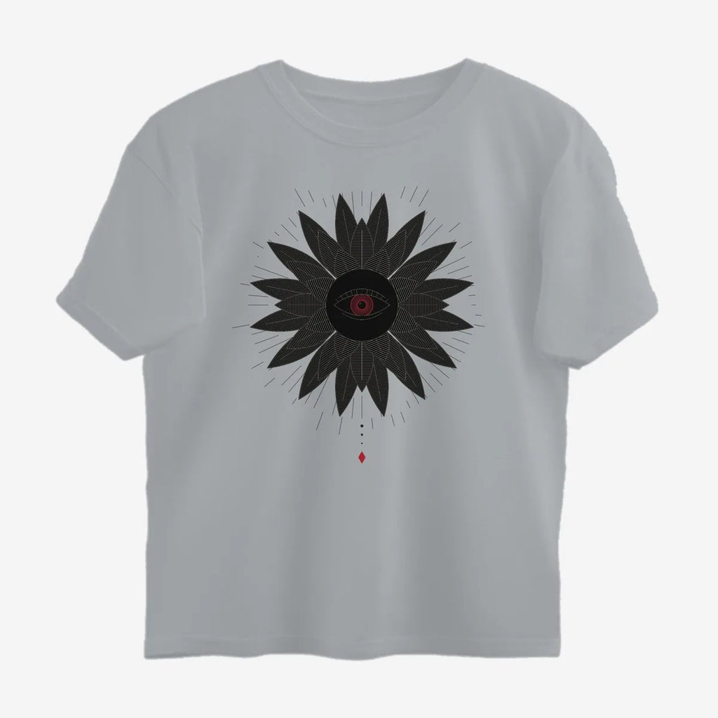 Oztra Vigil grey melange oversized tee, front view showing the Vigil print