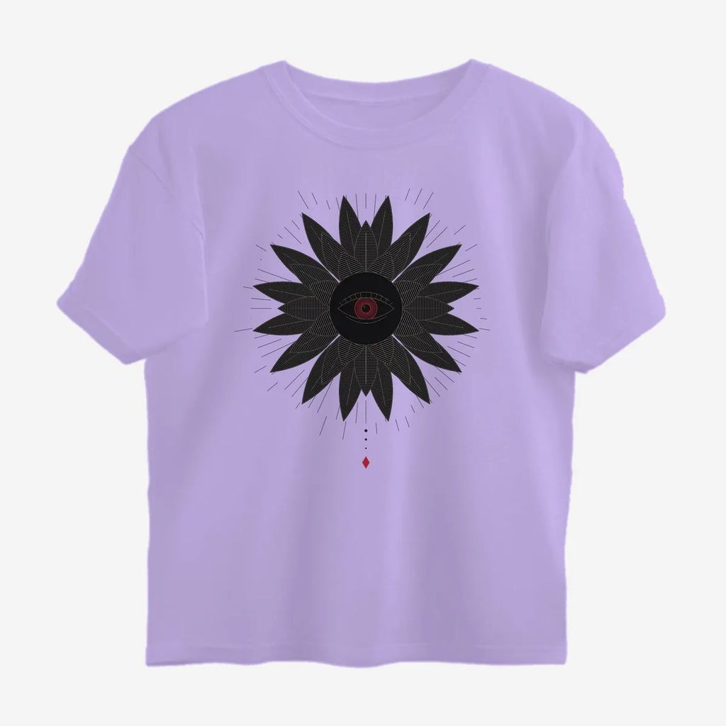 Oztra Vigil lavender oversized tee, front view showing the Vigil print