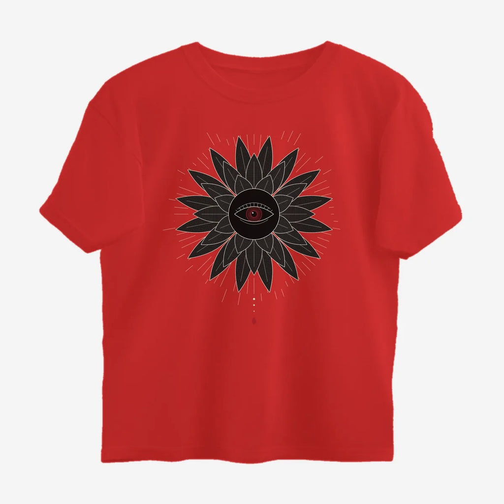 Oztra Vigil red oversized tee, front view showing the Vigil print