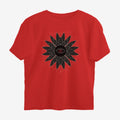 Oztra Vigil red oversized tee, front view showing the Vigil print
