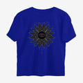Oztra Vigil royal blue oversized tee, front view showing the Vigil print