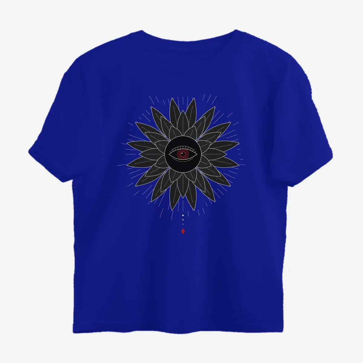 Oztra Vigil royal blue oversized tee, front view showing the Vigil print