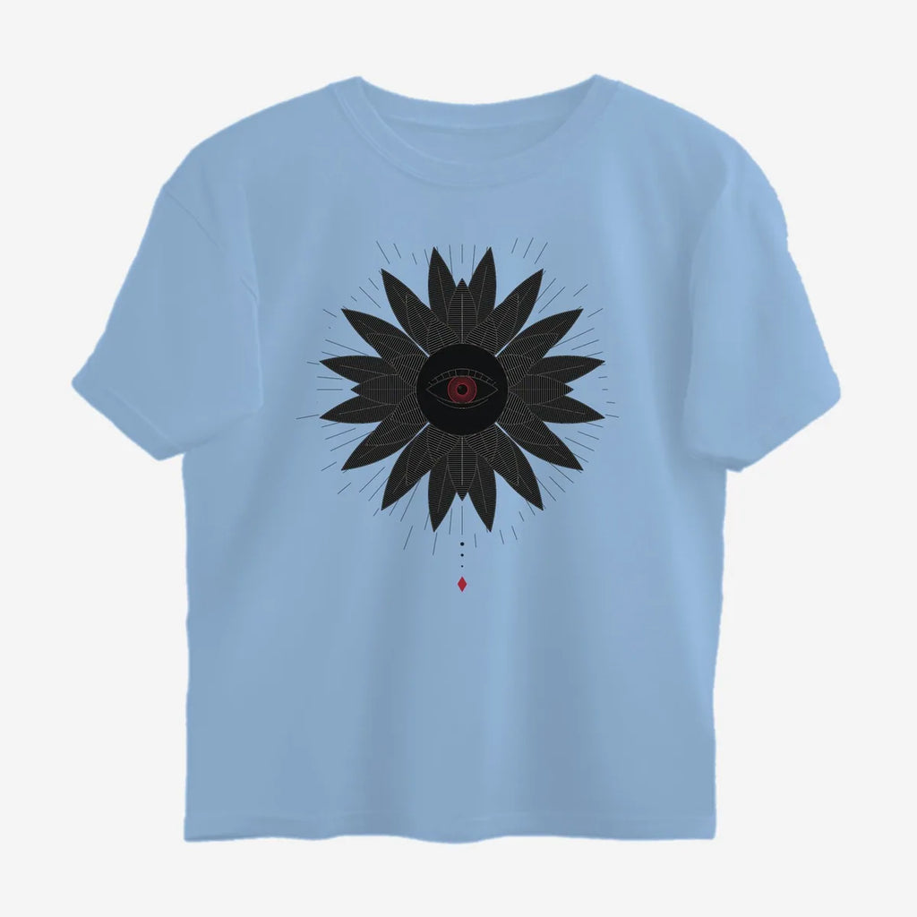Oztra Vigil sky blue oversized tee, front view showing the Vigil print