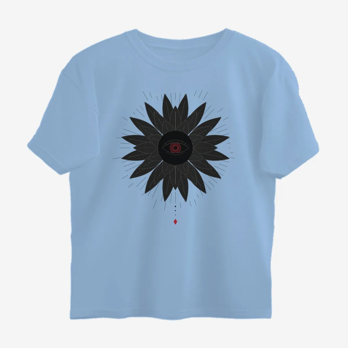 Oztra Vigil sky blue oversized tee, front view showing the Vigil print