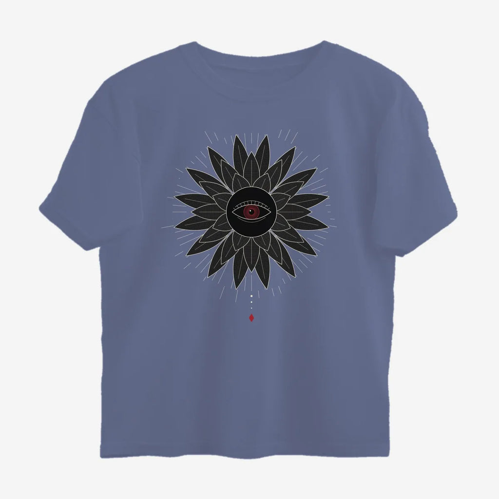 Oztra Vigil steel blue oversized tee, front view showing the Vigil print